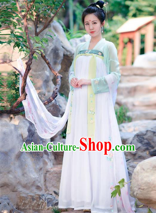 Traditional Ancient Chinese Costume Tang Dynasty Embroidery Blouse and Dress, Elegant Hanfu Clothing Chinese Princess Fairy Costume for Women