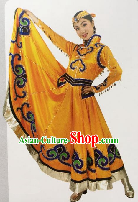 Traditional Chinese Mongol Nationality Dance Costume Yellow Mongolian Robe, China Mongolian Minority Nationality Clothing for Women