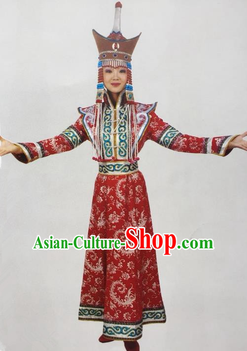 Traditional Chinese Mongol Nationality Dance Costume Bride Mongolian Robe, China Mongolian Minority Nationality Princess Dress Clothing for Women