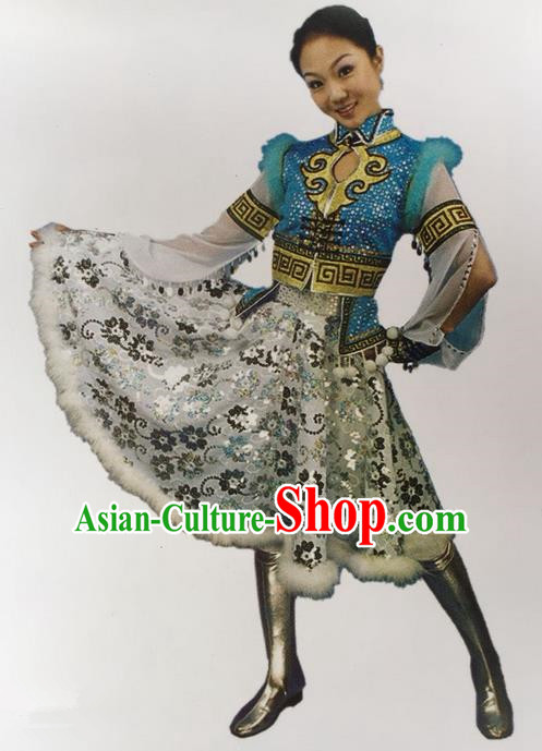 Traditional Chinese Mongol Nationality Dance Costume Blue Mongolian Robe, China Mongolian Minority Nationality Princess Dress Clothing for Women