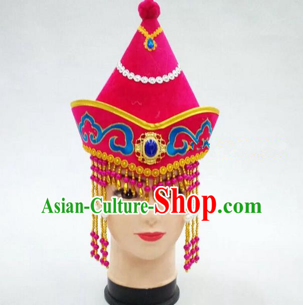 Traditional Handmade Chinese Mongol Nationality Dance Pink Headwear Princess Hat, China Mongols Children Mongolian Minority Nationality Headpiece for Kids
