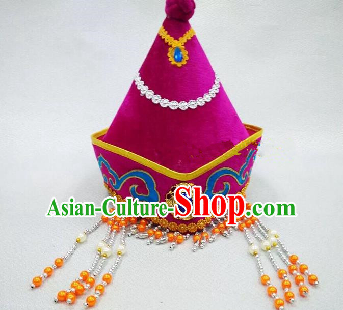 Traditional Handmade Chinese Mongol Nationality Dance Purple Headwear Princess Hat, China Mongols Children Mongolian Minority Nationality Headpiece for Kids