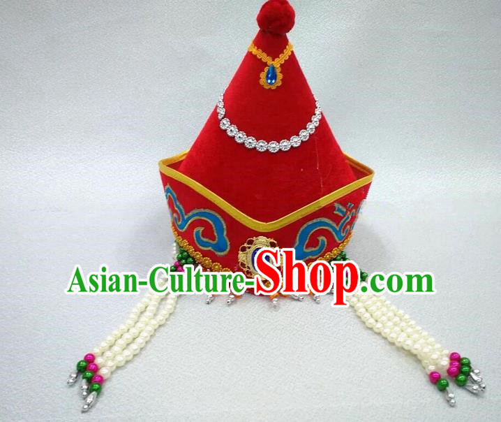 Traditional Handmade Chinese Mongol Nationality Dance Red Headwear Princess Hat, China Mongols Children Mongolian Minority Nationality Headpiece for Kids