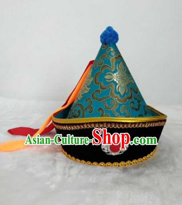 Traditional Handmade Chinese Mongol Nationality Dance Headwear Prince Green Hat, China Mongolian Minority Nationality Children Royal Highness Headpiece for Kids