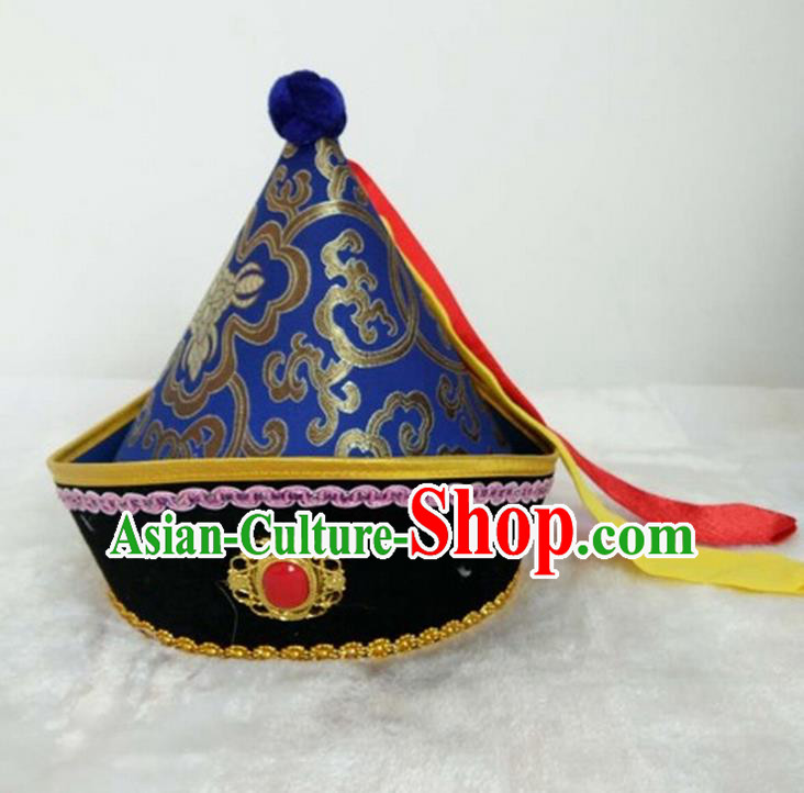 Traditional Handmade Chinese Mongol Nationality Dance Headwear Prince Royalblue Hat, China Mongolian Minority Nationality Children Royal Highness Headpiece for Kids