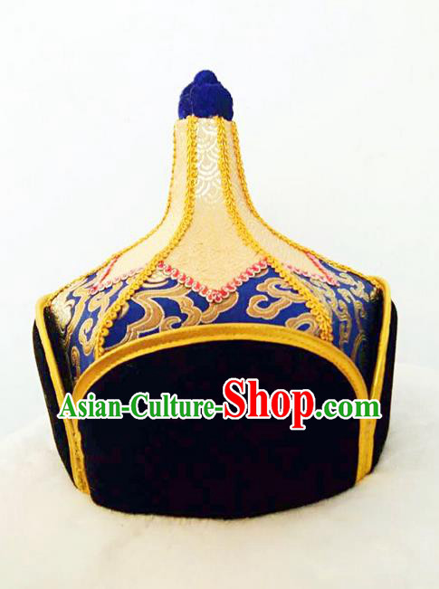 Traditional Handmade Chinese Mongol Nationality Dance Headwear Royal Highness Royalblue Hat, China Mongolian Minority Nationality Children Bridegroom Headpiece for Kids