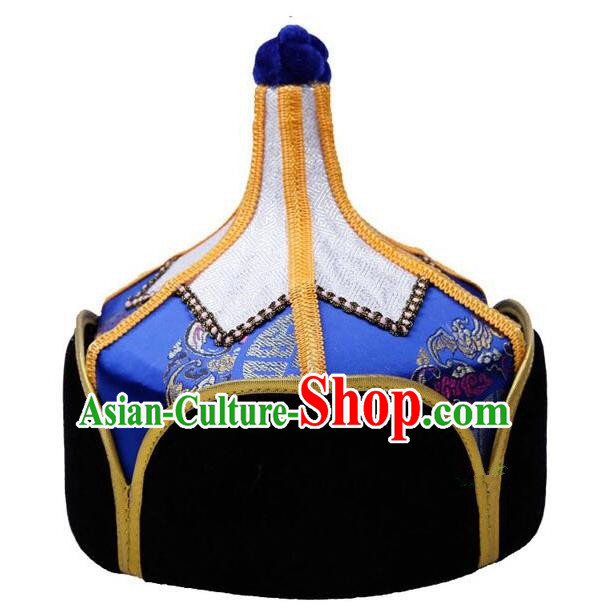 Traditional Handmade Chinese Mongol Nationality Dance Headwear Royal Highness Blue Hat, China Mongolian Minority Nationality Children Bridegroom Headpiece for Kids