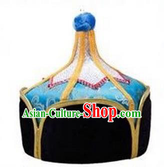 Traditional Handmade Chinese Mongol Nationality Dance Headwear Royal Highness Light Blue Hat, China Mongolian Minority Nationality Children Bridegroom Headpiece for Kids