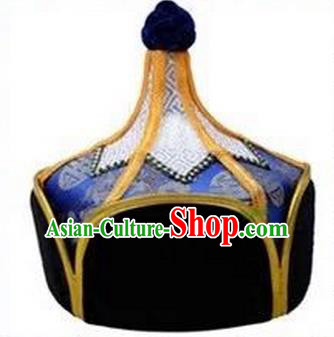 Traditional Handmade Chinese Mongol Nationality Dance Headwear Royal Highness Deep Blue Hat, China Mongolian Minority Nationality Children Bridegroom Headpiece for Kids