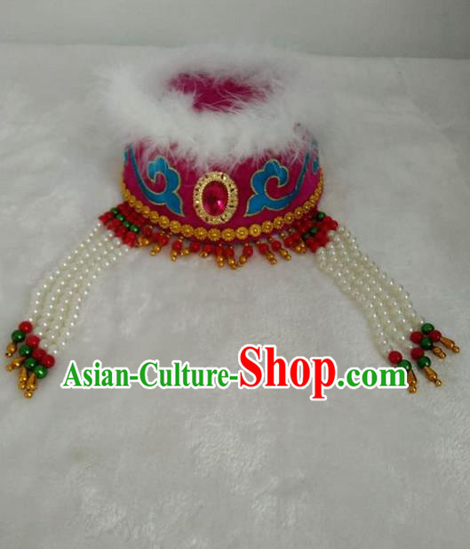 Traditional Handmade Chinese Mongol Nationality Dance Headwear Royal Princess Rosy Hat, China Mongolian Minority Nationality Children Bride Headpiece for Kids