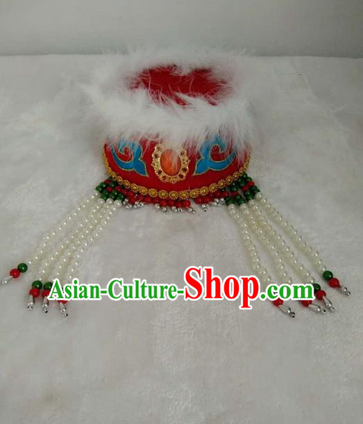 Traditional Handmade Chinese Mongol Nationality Dance Headwear Red Princess Rosy Hat, China Mongolian Minority Nationality Children Bride Headpiece for Kids