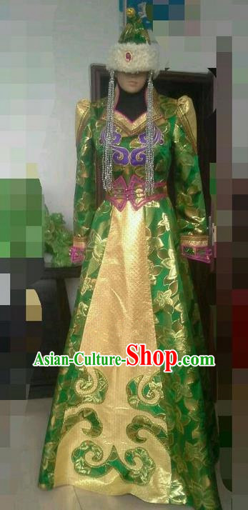 Traditional Chinese Mongol Nationality Dance Costume Handmade Green Queen Mongolian Robe, China Mongolian Minority Nationality Dress Clothing for Women