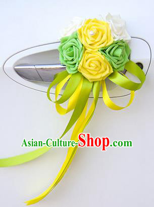 Top Grade Wedding Accessories Decoration, China Style Wedding Car Ornament Six Flowers Bride Green and Yellow Rose Ribbon Garlands