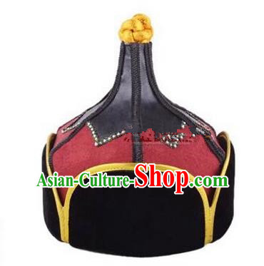 Traditional Handmade Chinese Mongol Nationality Dance Headwear Red Suede Fabric Hat, China Mongolian Minority Nationality Prince Headpiece for Men