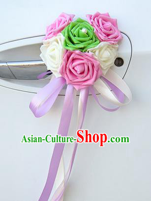 Top Grade Wedding Accessories Decoration, China Style Wedding Car Ornament Six Flowers Bride Pink and White Rose Ribbon Garlands