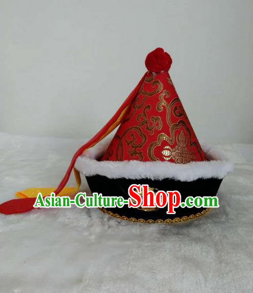 Traditional Handmade Chinese Mongol Nationality Dance Headwear Children Hat, China Mongolian Minority Nationality Royal Highness Red Headpiece for Kids