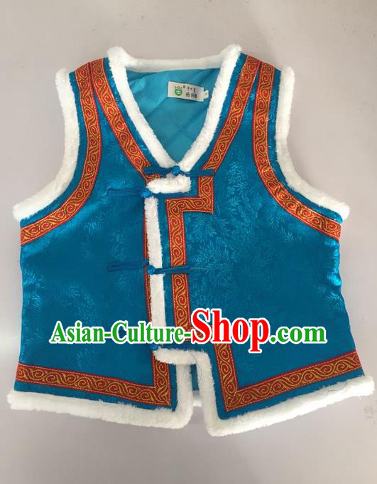 Traditional Chinese Mongol Nationality Dance Costume Handmade Blue Mongolian Vest, China Mongolian Minority Nationality Waistcoat Clothing for Kids