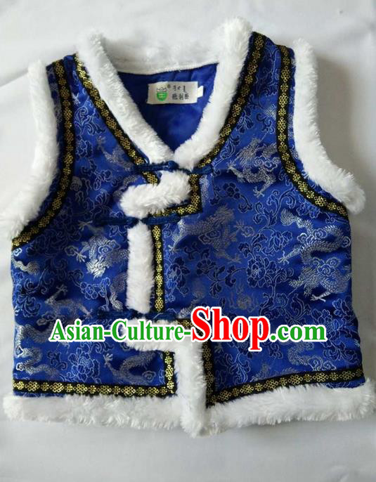 Traditional Chinese Mongol Nationality Dance Costume Handmade Royalblue Mongolian Vest, China Mongolian Minority Nationality Waistcoat Clothing for Kids