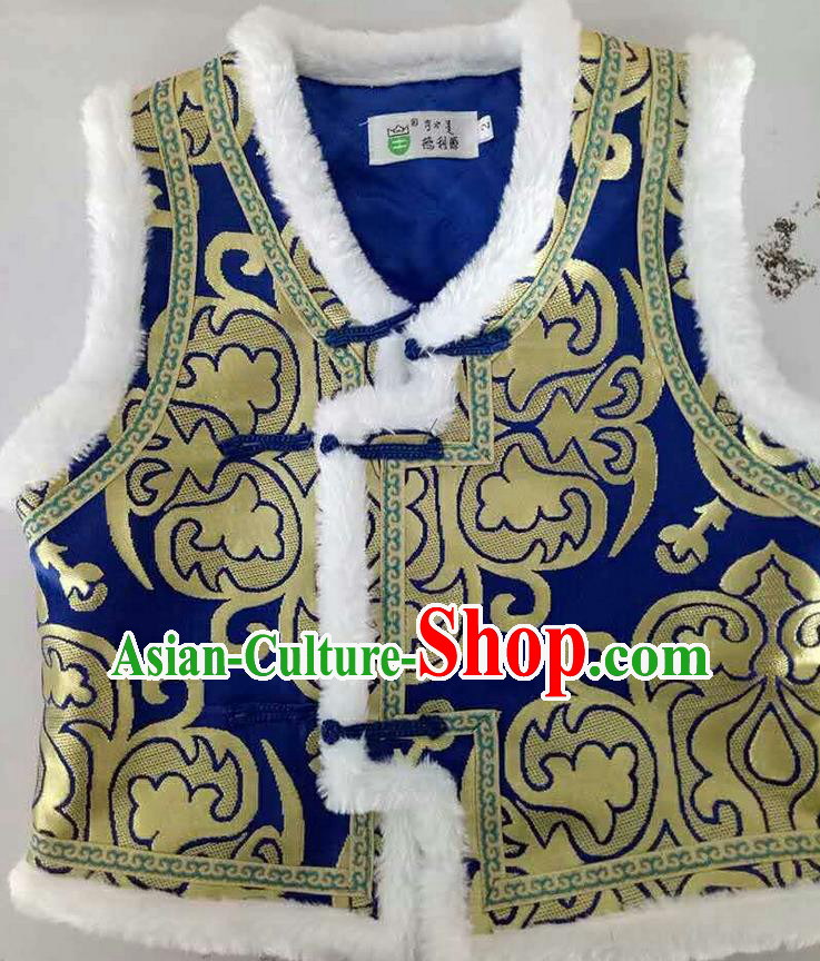 Traditional Chinese Mongol Nationality Dance Costume Handmade Deep Blue Mongolian Vest, China Mongolian Minority Nationality Waistcoat Clothing for Kids