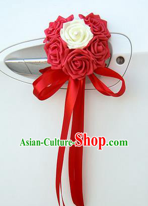 Top Grade Wedding Accessories Decoration, China Style Wedding Car Ornament Six Flowers Bride Red Rose Ribbon Garlands