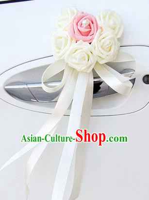 Top Grade Wedding Accessories Decoration, China Style Wedding Car Ornament Six Flowers Bride White Rose Ribbon Garlands