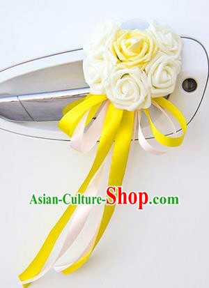 Top Grade Wedding Accessories Decoration, China Style Wedding Car Ornament Six Flowers Bride Rose Yellow Ribbon Garlands
