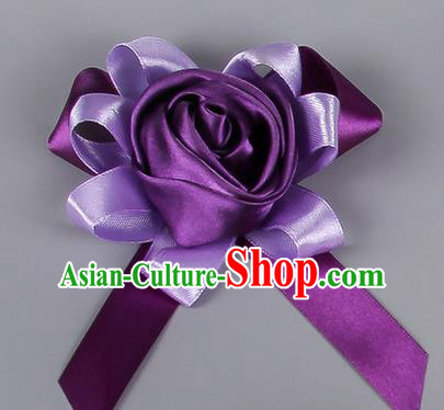 Top Grade Wedding Accessories Decoration Corsage, China Style Wedding Car Ornament Rose Flowers Bride Bridegroom Purple Ribbon Brooch