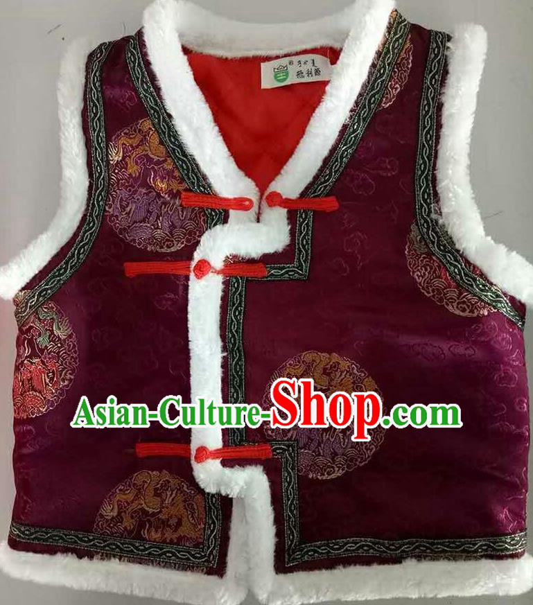 Traditional Chinese Mongol Nationality Dance Costume Handmade Purple Mongolian Vest, China Mongolian Minority Nationality Waistcoat Clothing for Kids