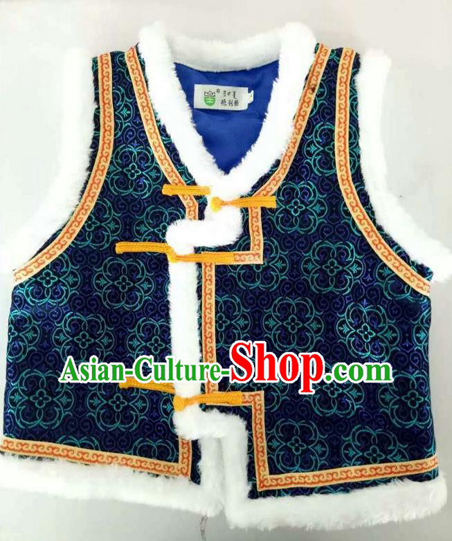 Traditional Chinese Mongol Nationality Dance Costume Handmade Navy Mongolian Vest, China Mongolian Minority Nationality Waistcoat Clothing for Kids