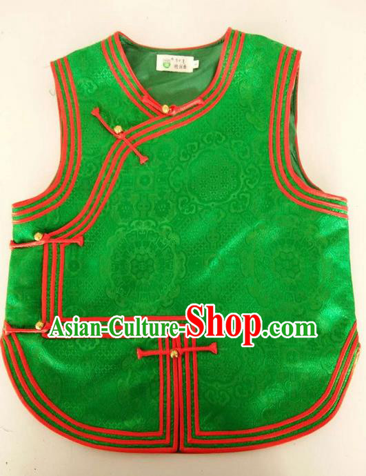 Traditional Chinese Mongol Nationality Dance Costume Handmade Mongolian Green Vest, China Mongolian Minority Nationality Waistcoat Clothing for Kids