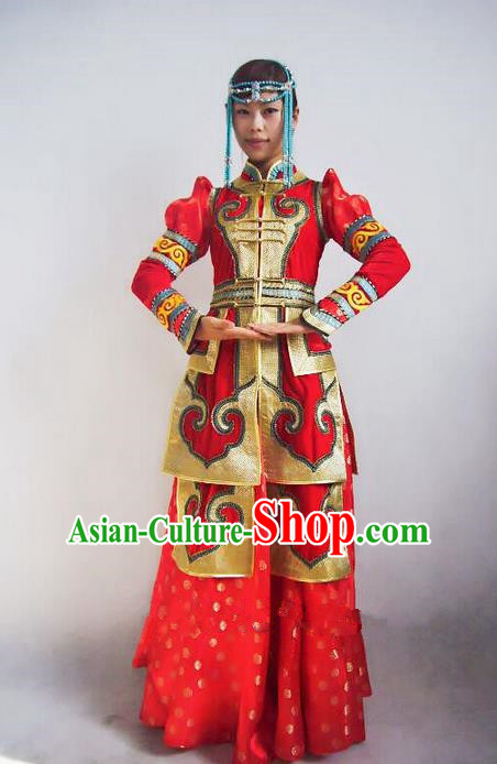 Traditional Chinese Mongol Nationality Dance Costume Handmade Queen Mongolian Robe, China Mongolian Minority Nationality Bride Wedding Red Dress Clothing for Women