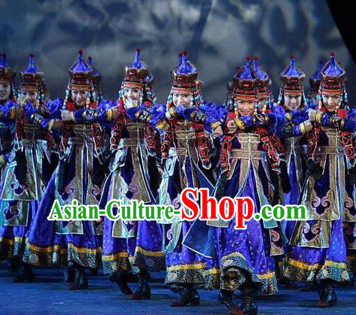 Traditional Chinese Mongol Nationality Dance Costume Handmade Queen Mongolian Robe, China Mongolian Minority Nationality Bride Wedding Blue Dress Clothing for Women