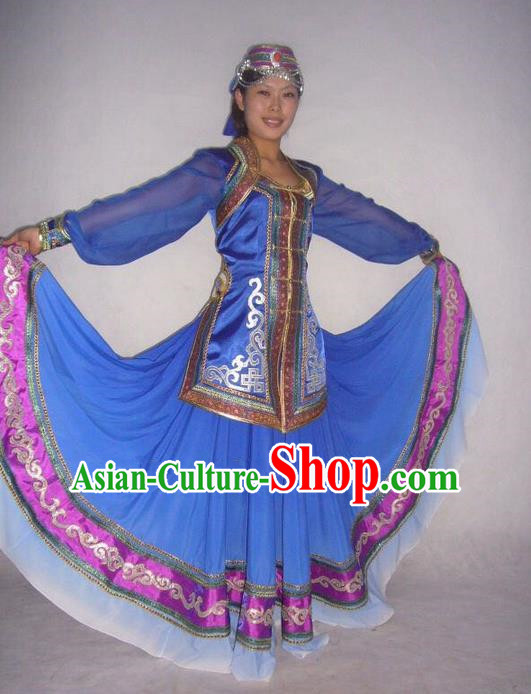 Traditional Chinese Mongol Nationality Dance Costume Handmade Mongolian Robe, China Mongolian Minority Nationality Blue Dress Clothing for Women