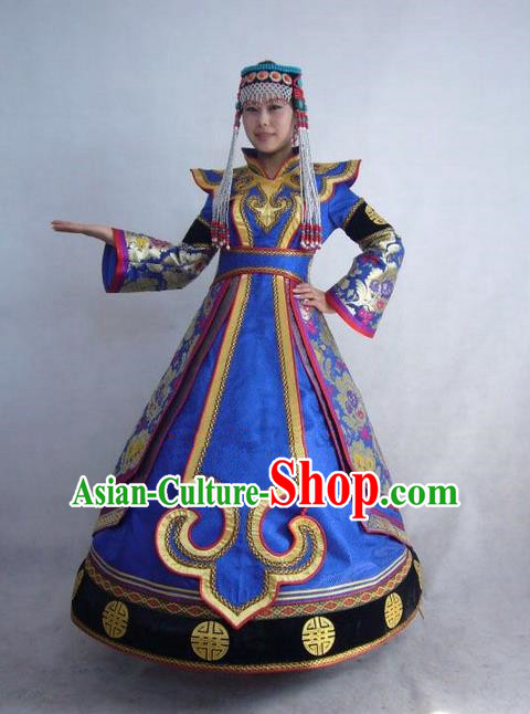 Traditional Chinese Mongol Nationality Dance Costume Handmade Princess Mongolian Robe, China Mongolian Minority Nationality Blue Dress Clothing for Women