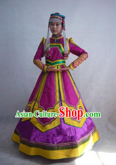 Traditional Chinese Mongol Nationality Dance Costume Handmade Princess Mongolian Robe, China Mongolian Minority Nationality Rosy Dress Clothing for Women