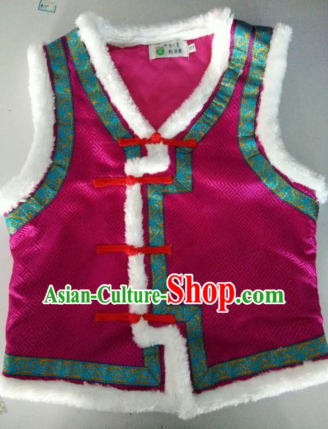 Traditional Chinese Mongol Nationality Dance Costume Handmade Rosy Mongolian Vest, China Mongolian Minority Nationality Waistcoat Clothing for Kids