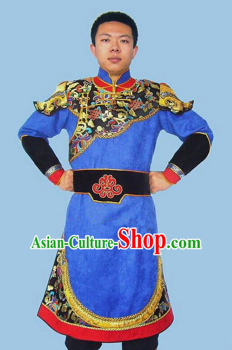 Traditional Chinese Mongol Nationality Dance Costume Handmade Blue Mongolian Robe, China Mongolian Minority Nationality Bridegroom Clothing for Men