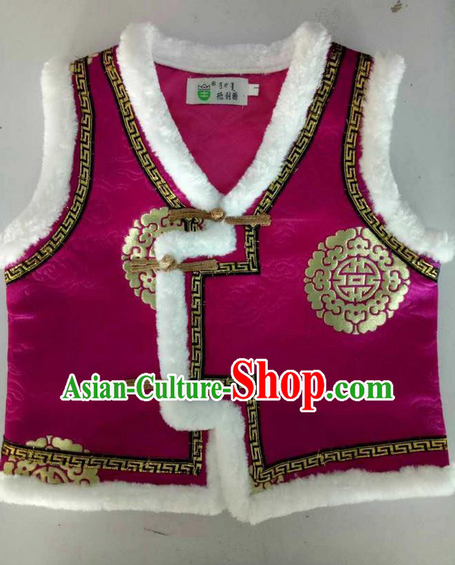 Traditional Chinese Mongol Nationality Dance Costume Handmade Amaranth Mongolian Vest, China Mongolian Minority Nationality Waistcoat Clothing for Kids