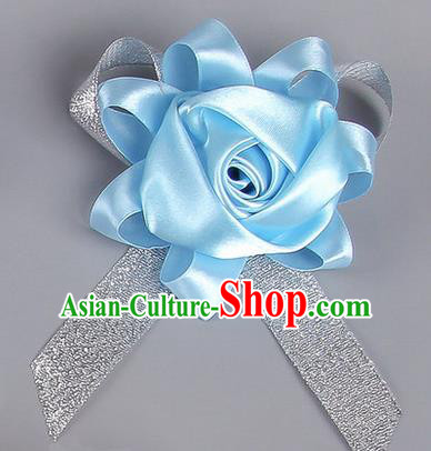 Top Grade Wedding Accessories Decoration Corsage, China Style Wedding Car Ornament Rose Flowers Bride Bridegroom Blue Ribbon Brooch