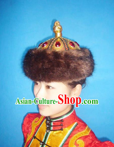 Traditional Handmade Chinese Mongol Nationality Dance Headwear Royal Prince Hat, China Mongolian Minority Nationality Headpiece for Men