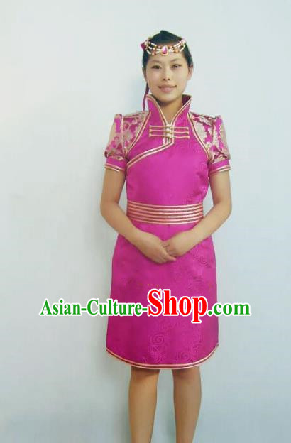 Traditional Chinese Mongol Nationality Dance Costume Handmade Rosy Mongolian Robe, China Mongolian Minority Nationality Bride Dress Clothing for Women