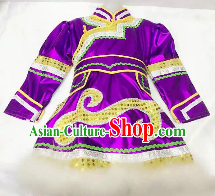 Traditional Chinese Mongol Nationality Dance Costume Handmade Embroidery Purple Mongolian Robe, China Mongolian Minority Nationality Dress for Kids