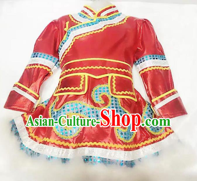 Traditional Chinese Mongol Nationality Dance Costume Handmade Embroidery Red Mongolian Robe, China Mongolian Minority Nationality Dress for Kids