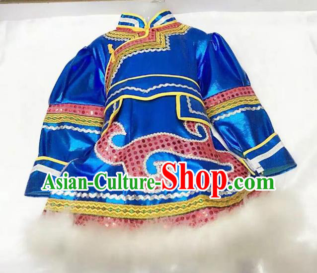 Traditional Chinese Mongol Nationality Dance Costume Handmade Embroidery Blue Mongolian Robe, China Mongolian Minority Nationality Dress for Kids