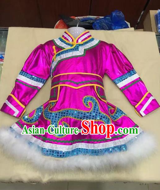 Traditional Chinese Mongol Nationality Dance Costume Handmade Embroidery Rosy Mongolian Robe, China Mongolian Minority Nationality Dress for Kids