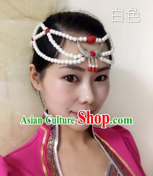 Traditional Handmade Chinese Mongol Nationality Handmade Sliver White Beads Headband, China Mongols Mongolian Minority Nationality Wedding Bride Tassel Headwear Headpiece for Women