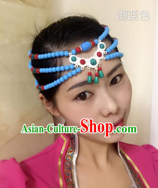 Traditional Handmade Chinese Mongol Nationality Handmade Blue Beads Headband, China Mongols Mongolian Minority Nationality Wedding Bride Tassel Headwear Headpiece for Women