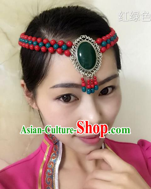 Traditional Handmade Chinese Mongol Nationality Handmade Green and Red Beads Headband, China Mongols Mongolian Minority Nationality Wedding Bride Tassel Headwear Headpiece for Women