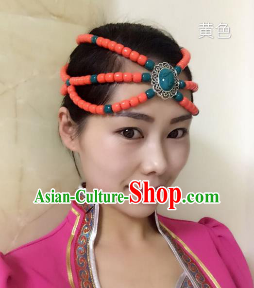 Traditional Handmade Chinese Mongol Nationality Handmade Orange Beads Headband, China Mongols Mongolian Minority Nationality Wedding Bride Headwear Headpiece for Women