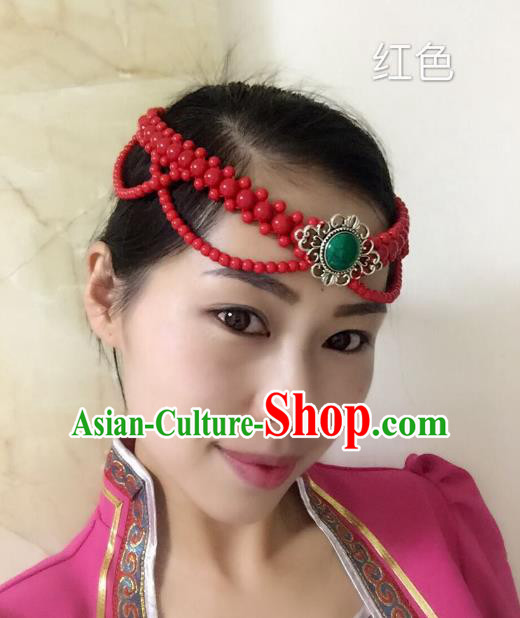 Traditional Handmade Chinese Mongol Nationality Handmade Red Beads Headband, China Mongols Mongolian Minority Nationality Wedding Sliver Headwear Headpiece for Women